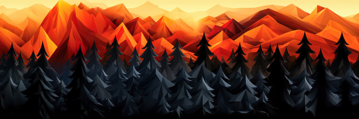 Orange mountains with black forest landscape, fall season, background, banner, graphic design, wide