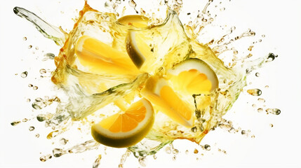 Lemons explosion, fresh sliced flying in the air, juice water splashing isolated on white background, vitamin c, healthy food, baverage advertising, antioxidant, summer concept. Generative AI