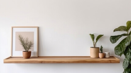 Mock up wooden frame and plant on shelf with white wall background, minimal style backdrop, modern gallery with copy space backdrop. Generative AI