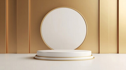 Mock up product stand gold rimmed white podium backdrop, glod color wall, luxurious, modern and mimimal style background. Generative AI