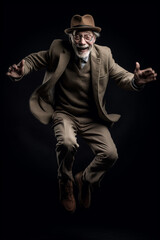 Fototapeta na wymiar An elderly man in a suit jumps merrily in place