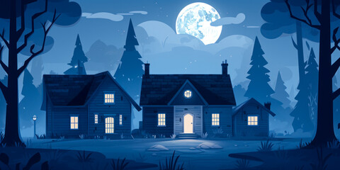 Fototapeta na wymiar Home in the woods at night with full moon, blue, Halloween spooky illustration