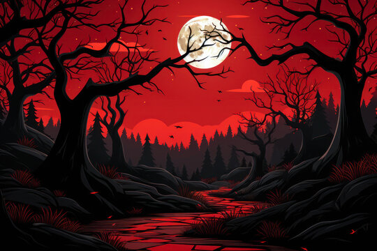 Spooky dark woods with red sky and full moon, Halloween background, horror, graphic design
