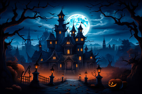 Haunted house with pumpkins at night and full moon, Halloween background