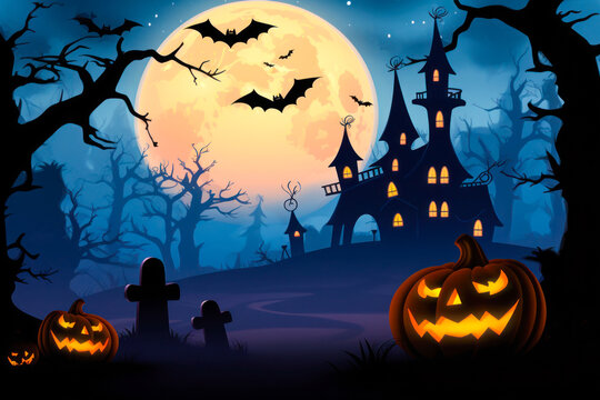 Pumpkins with haunted house, full moon, gravestones and bats at night, Halloween background, colorful