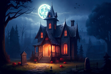 Fototapeta na wymiar Haunted house in the woods with full moon at night, Halloween background, colorful