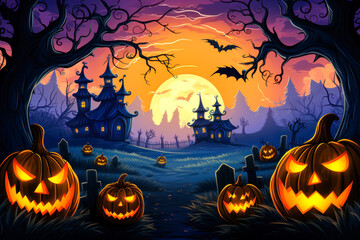 Pumpkins with haunted house and full moon at night, Halloween background, colorful