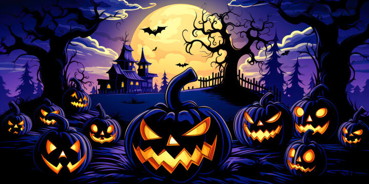 Pumpkins with haunted house and full moon at night, blue purple sky, Halloween background, colorful, wide