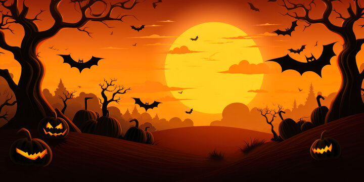 Halloween background, pumpkins and bats in forest at night, large full moon