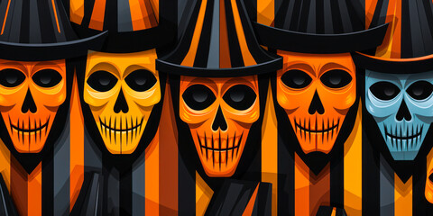 Skeleton skull heads, orange and black, Halloween background banner, wide