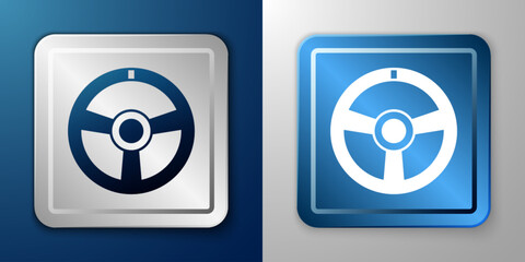 White Racing steering wheel icon isolated on blue and grey background. Car wheel icon. Silver and blue square button. Vector