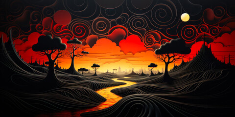 Dark landscape with red sky, abstract swirling lines, fantasy, spooky, sci fi, wide
