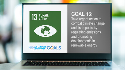 Laptop displaying logo of The Sustainable Development Goal 13