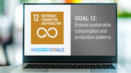 Laptop displaying logo of The Sustainable Development Goal 12