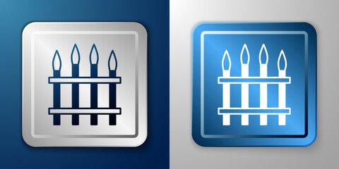 White Classic iron fence with metal pillars icon isolated on blue and grey background. Ancient wrought iron fence. Silver and blue square button. Vector