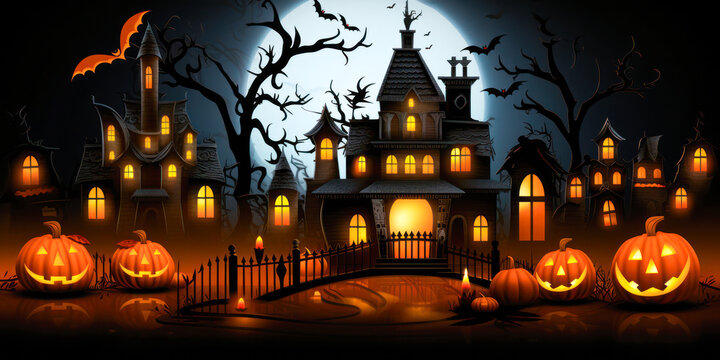Spooky dark haunted house in forest with pumpkin jack o' lanterns, night, full moon, Halloween background illustration, graphic design, wide