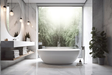 Tranquil and inviting, this bathroom features a white bathtub next to a bright and airy window. AI Generative.
