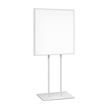 Square poster frame vector mockup. Advertising floor standing display with metal base template. Blank white placard sign holder stand mock-up