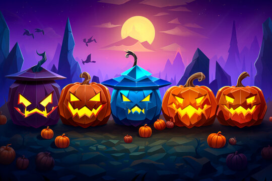 Glowing pumpkin jack o' lanterns design, Halloween background, polygon style
