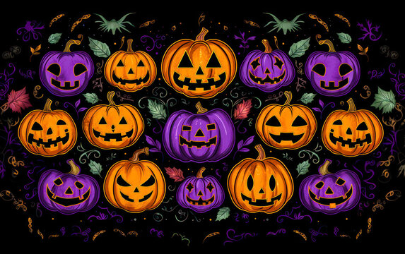 Orange and purple pumpkins on black background design, Halloween background
