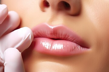 Close up of hands of cosmetologist making botox injection in female lips. She is holding syringe. Image generated by artificial intelligence
