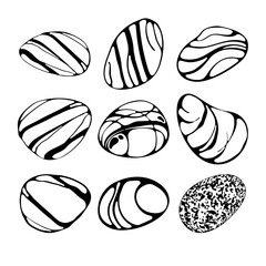 Set of beach pebbles or sea stones in various shapes. Different form and textures, silhouette, monochrome, line art style. Striped sea rock pebbles isolated on white background. Vector illustration