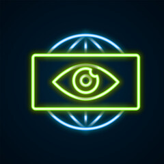 Glowing neon line Big brother electronic eye icon isolated on black background. Global surveillance technology, computer systems and networks security. Colorful outline concept. Vector