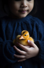 farm duckling yellow bird little child duck hand close-up girl. Generative AI.