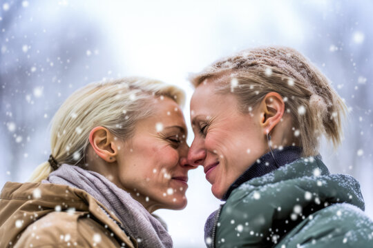 Lesbian couple on a winter day, wearing warm clothes - smiling happy, kissing, snow falling around, their faces together, intimate candid moment. Generative AI