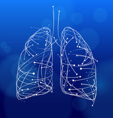 Illustration of curves and dots arranged to form the shape of a human lung on a dark blue background. It feels modern, dynamic, and moderately tech-savvy. Used in medical and industry