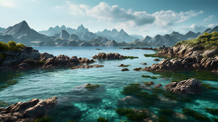 Coastal landscape with majestic mountains rising from the crystal-clear turquoise waters. - obrazy, fototapety, plakaty