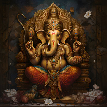 The ganeshas are pictured in their sitting pose, with gold plated hands & arms. beautiful Generative AI 
