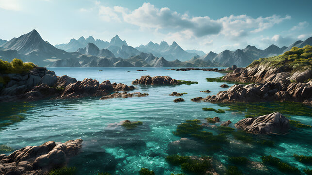 Coastal landscape with majestic mountains rising from the crystal-clear turquoise waters.