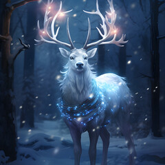 A large red deer stag stands his ground in foggy one winter morning. Glacier blue eyes in dark background