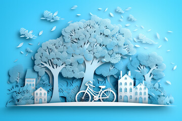 Papercut style of ecosystem concept, tree, building, AI generated.