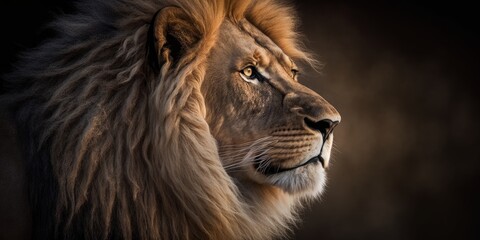Portrait of a male lion with a beautiful mane in profile