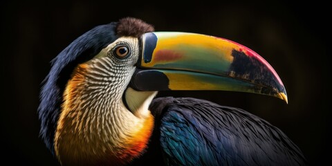 Obraz premium Portrait of a colorful toucan on a black background, close-up