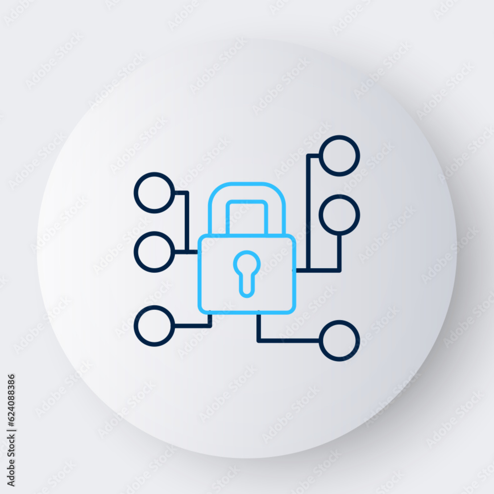 Poster Line Cyber security icon isolated on white background. Closed padlock on digital circuit board. Safety concept. Digital data protection. Colorful outline concept. Vector