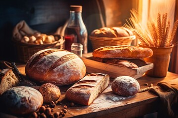Composition with bread and bakery products on dark background. Bakery concept. Generative AI technology.