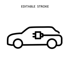 Electric car icon. Hybrid vehicle pictogram. Line electric car with piug vector icon symbol. Eco energy auto