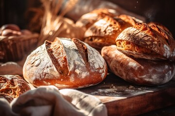 Composition with bread and bakery products on dark background. Bakery concept. Generative AI technology. - obrazy, fototapety, plakaty