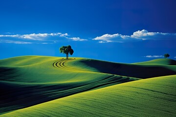 Naklejka na ściany i meble Lonely tree in the middle of a green field with blue sky minimalist artwork