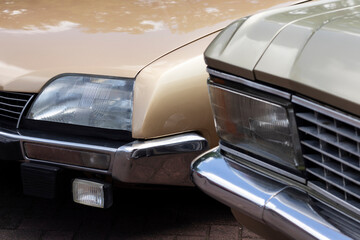 Headlights on retro cars. Close-up.