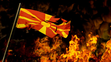 flag of Macedonia on burning fire bg - hard times concept - abstract 3D illustration