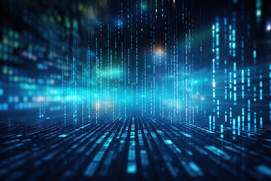 Digital glowing binary code matrix background representing scientific technology data of binary code transmission and network connectivity concept