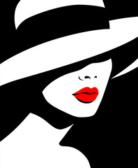 Profile of young beautiful fashion woman with hat and red lips, minimalism in red, white and black colors. Abstract female portrait, contemporary design, vector illustration