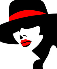 Profile of young beautiful fashion woman with hat and red lips, minimalism in red, white and black colors. Abstract female portrait, contemporary design, vector illustration