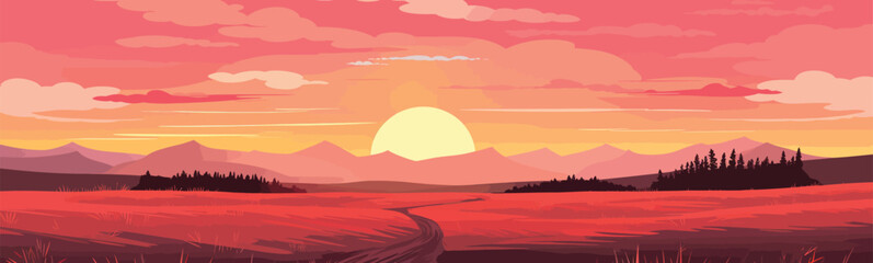 Fototapeta na wymiar fiery sunset over a prairie vector simple 3d smooth isolated illustration