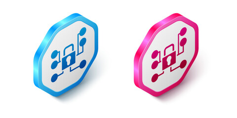 Isometric Cyber security icon isolated on white background. Closed padlock on digital circuit board. Safety concept. Digital data protection. Hexagon button. Vector