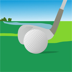 Golf ball and club head golf on green ground.
